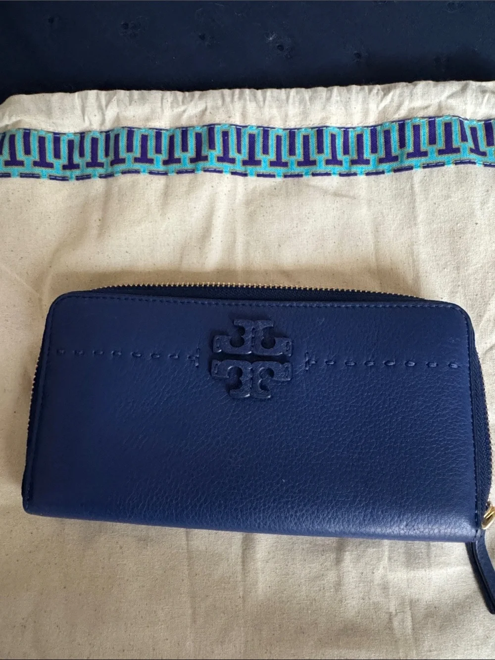 Tory Burch Deep Blue Zip-Around Leather Wallet